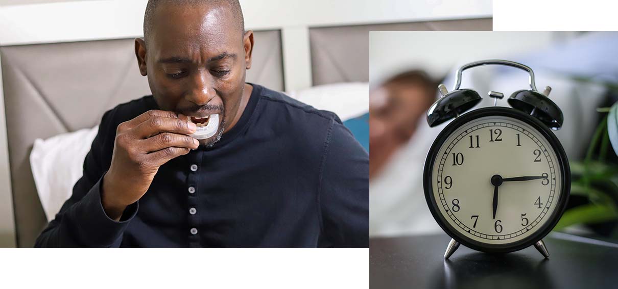 Man putting in a mouthguard. Inset photo of a clock.